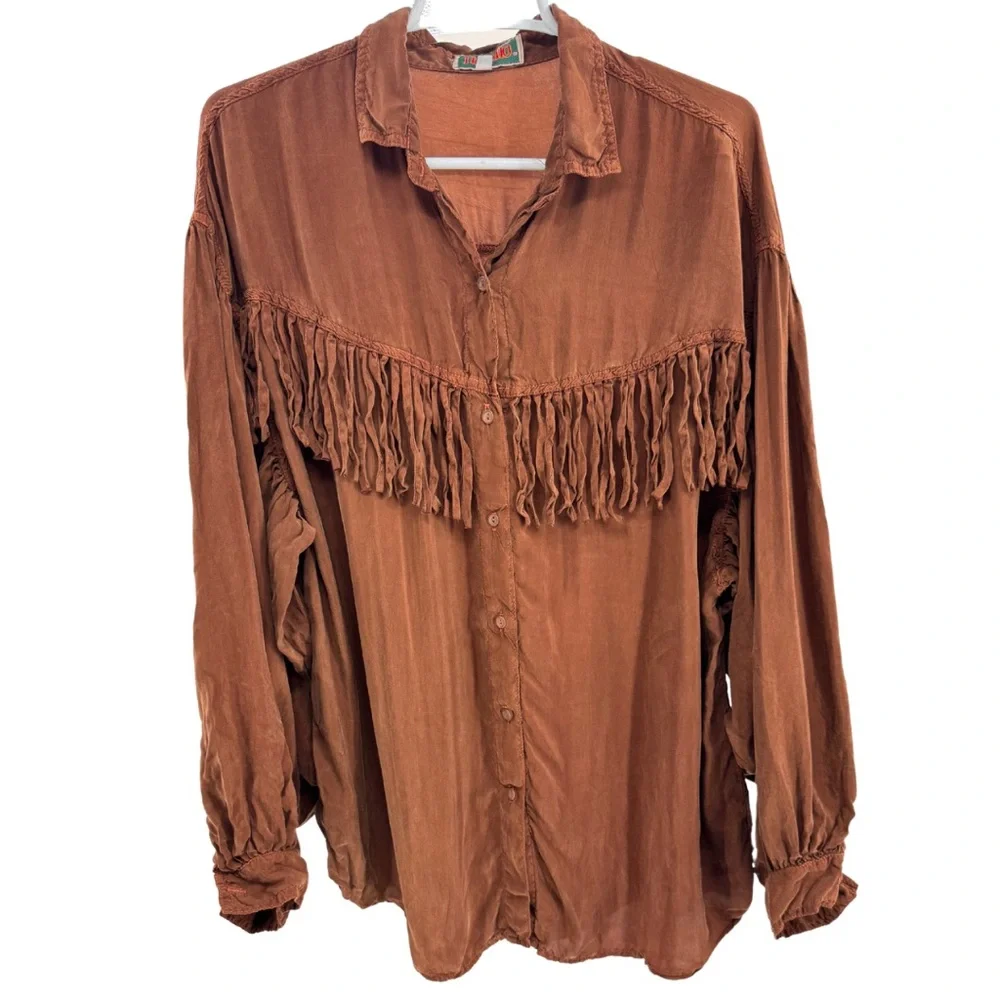 Tianello Brown Women's L rayon silky fringe balloon sleeve button front top VTG